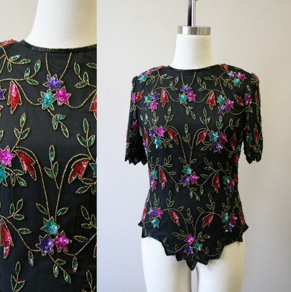 1980s Laurence Kazar Floral Sequin and Bead Blouse - image 1