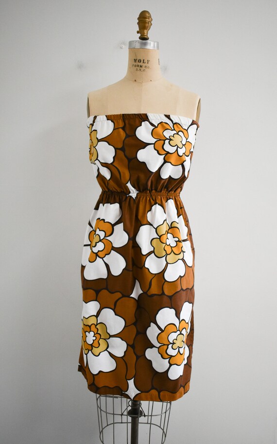 1970s/80s Brown Floral Strapless Mini Dress - image 2