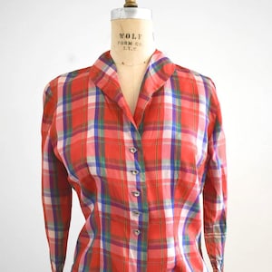 1940s Red Plaid Taffeta Blouse