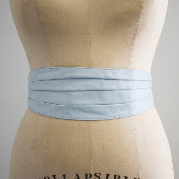 1980s Pale Blue Leather Cummerbund Style Belt - image 1