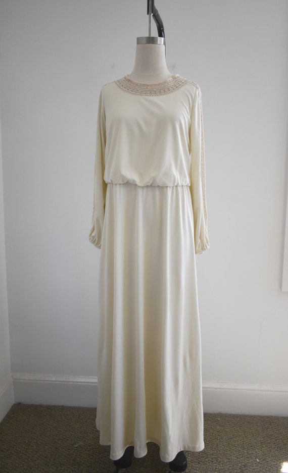 1970s Leslie Fay Ecru Knit Maxi Dress with Croche… - image 3