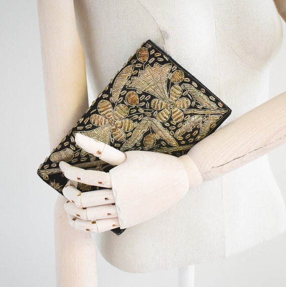 1950s Indian Black Velvet Clutch with Embroidery