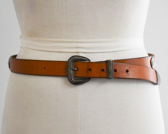 1990s Brown Leather Belt with Silver Metal Circle Studs