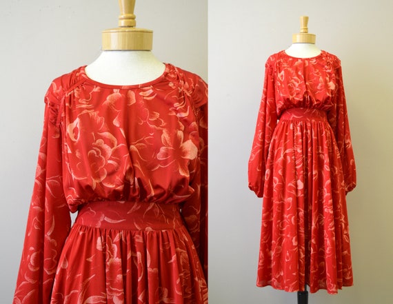 1970s Red Floral Print Dress