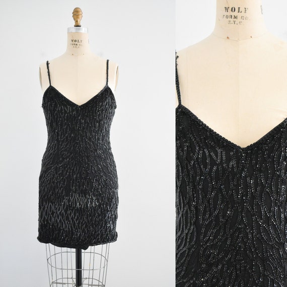 1990s Sequin and Beaded Black Mini Dress - image 1