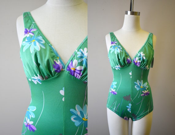 1970s Robby Len Green Floral Swimsuit