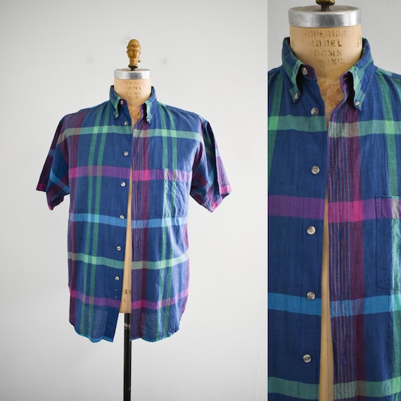 1980s Blue Plaid Cotton Shirt