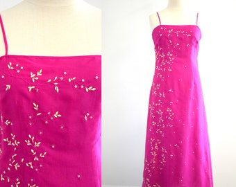 1990s Ann Taylor Pink Silk Embroidered and Beaded Dress