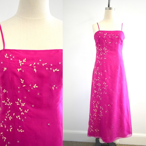 1990s Ann Taylor Pink Silk Embroidered and Beaded… - image 1