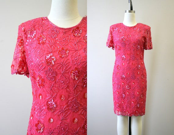 1980s Pink Lace and Sequin Cocktail Dress