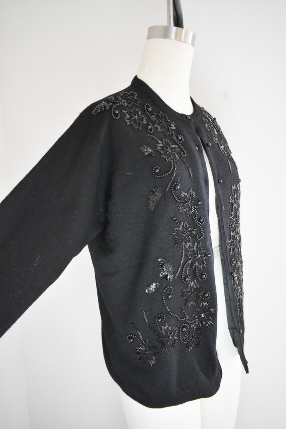80s-does-50s Black Beaded Cardigan Sweater - image 4