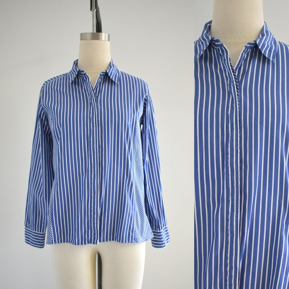 1990s Liz Claiborne Blue Striped Cotton Blouse - image 1