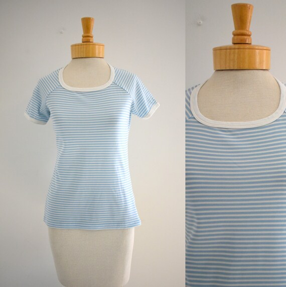 1970s Blue and White Striped Knit Shirt - image 1