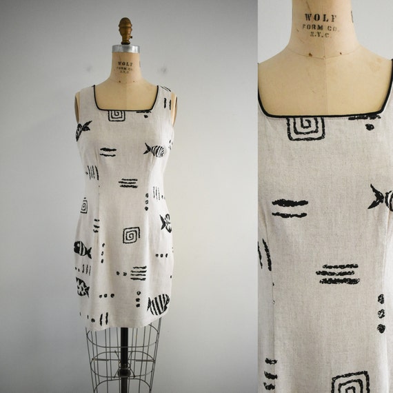 1990s Beige and Black Abstract Sheath Dress - image 1