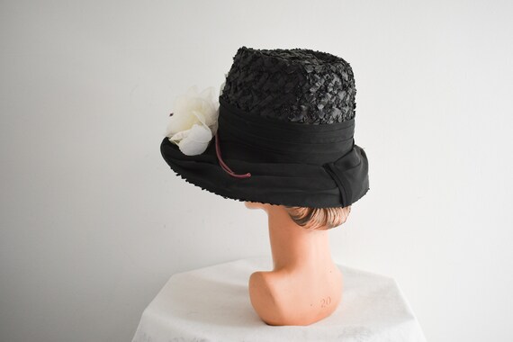 1960s Mr. Frank Black Straw Hat with Sheer White … - image 3