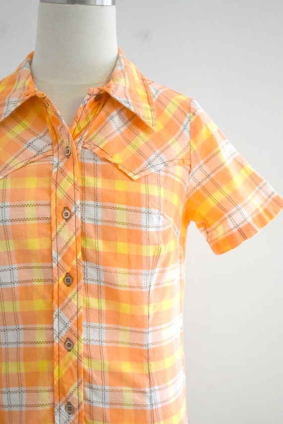 1970s Western Style Orange Plaid Shirt Dress - image 2