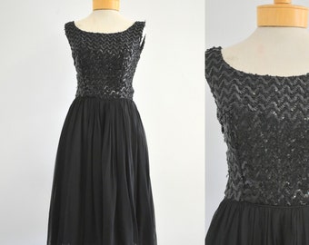 1960s Black Silk Chiffon and Sequins Cocktail Dress