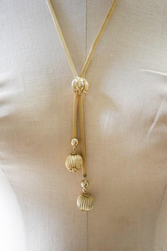 1960s/70s Coro Gold Mesh Tube Lariat Necklace wit… - image 3