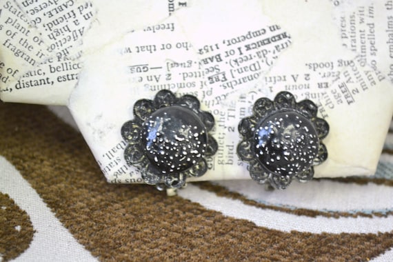 1960s Black Enamel Daisy Clip Earrings