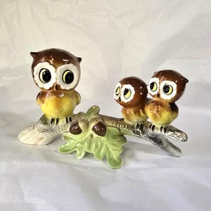 Vintage Ceramic Owls on a Branch Figurine