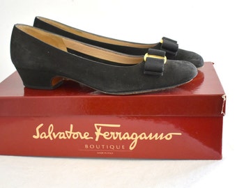 1980s Salvatore Ferragamo "Vara" Black Suede Shoes, 7.5 AAAA