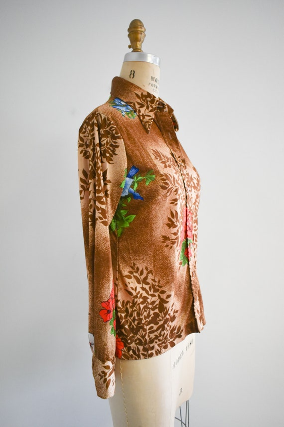 1970s Brown Floral Polyester Knit Blouse - image 4