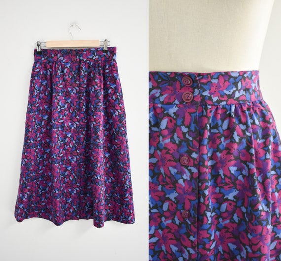 1980s Purple Printed Cotton Midi Skirt - image 1