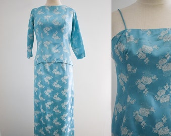 1960s Blue Floral Brocade Two Piece Dress Set