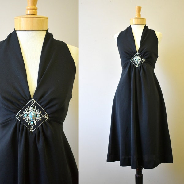 1970s Black Cocktail Dress with Rhinestone Detail