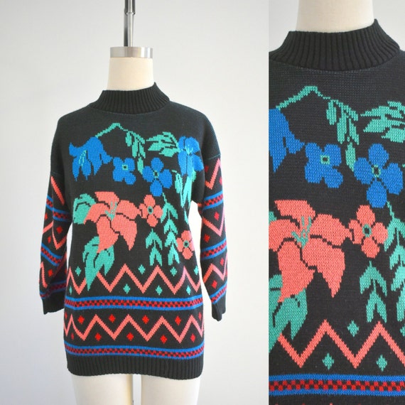 1980s Floral and Chevron Sweater - image 1