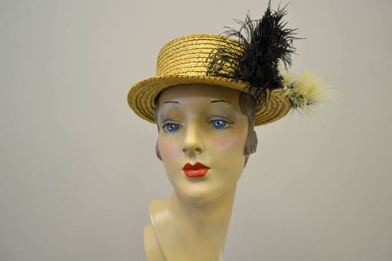 Vintage Straw Hat with Black and White Feathers - image 2