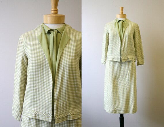 1960s Green Gingham Skirt Suit and Matching Blouse
