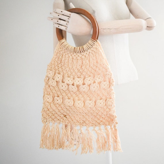 1970s Cream Macrame Handbag with Fringe