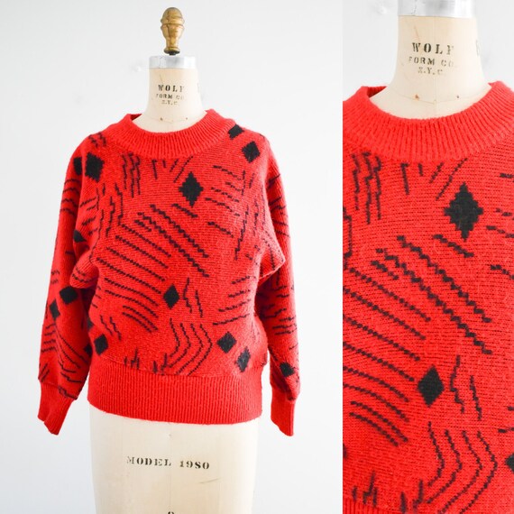 1980s Red and Black Geometric Sweater - image 1