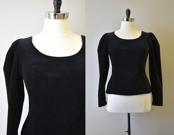 1980s Laura Ashley Black Velvet Blouse