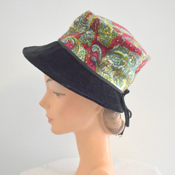 1960s Wool Paisley and Black Velvet Wide Brim Hat - image 1