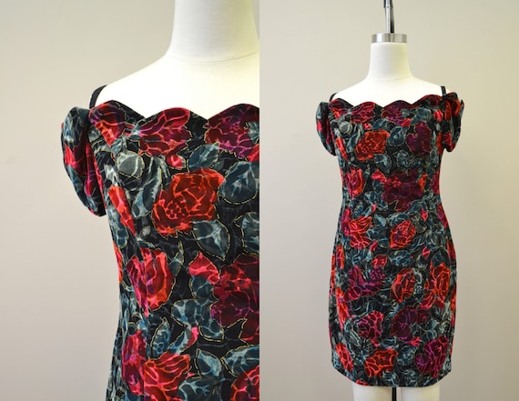 1980s Rose Print Velvet Mini Dress