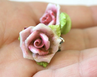 1940s Occupied Japan Porcelain Rose Clip Earrings