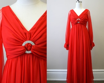 1970s Modern Couture Red Chiffon Formal Dress