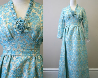 1960s Turquoise and Gold Rose Brocade Maxi Dress