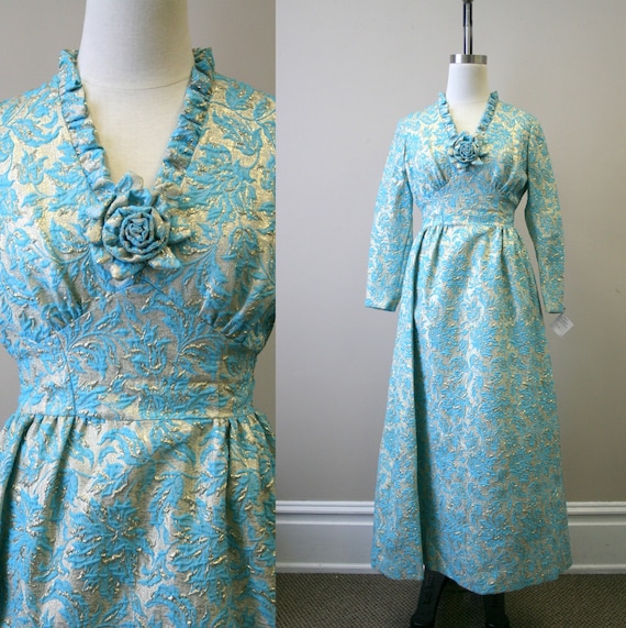 1960s Turquoise and Gold Rose Brocade Maxi Dress
