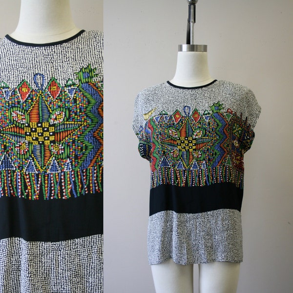 1980s Platinum by Dorothy Schoelen Printed Blouse