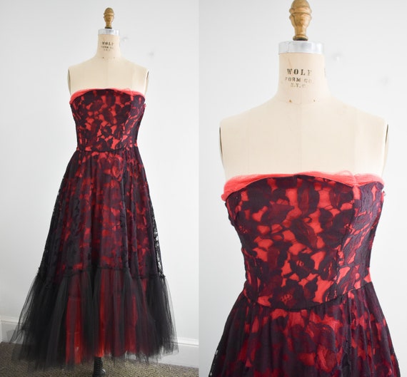 1950s Black Lace and Tulle Dress with Red Lining - image 1
