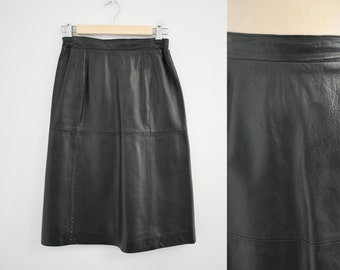 1980s Black Leather Pencil Skirt