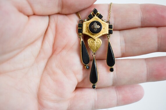 Vintage Black Glass and Gold Pendant and 14K Gold… - image 2