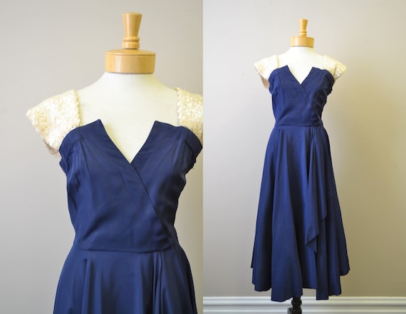 1940s Navy Taffeta Dress with Sequin Shoulder Stra