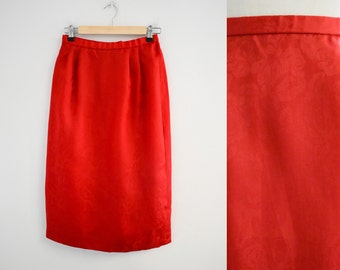 1980s Red Rose Silk Pencil Skirt
