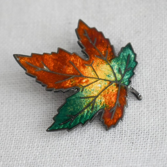 1950s Sterling and Enamel Autumn Leaf Brooch - image 1