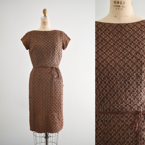 1950s Brown Woven Ribbon Wiggle Dress - image 1