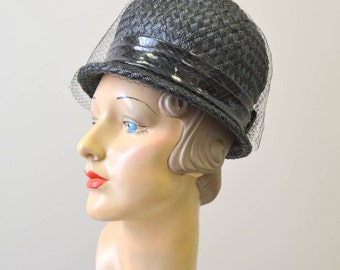 1960s Black Straw Bubble Hat